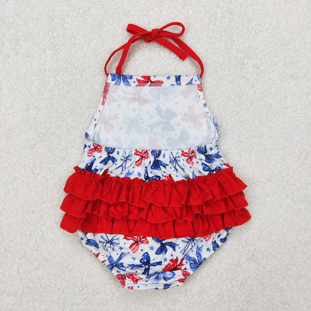 Sibling Baby Girls 4th of July Bows Halter Rompers Dresses