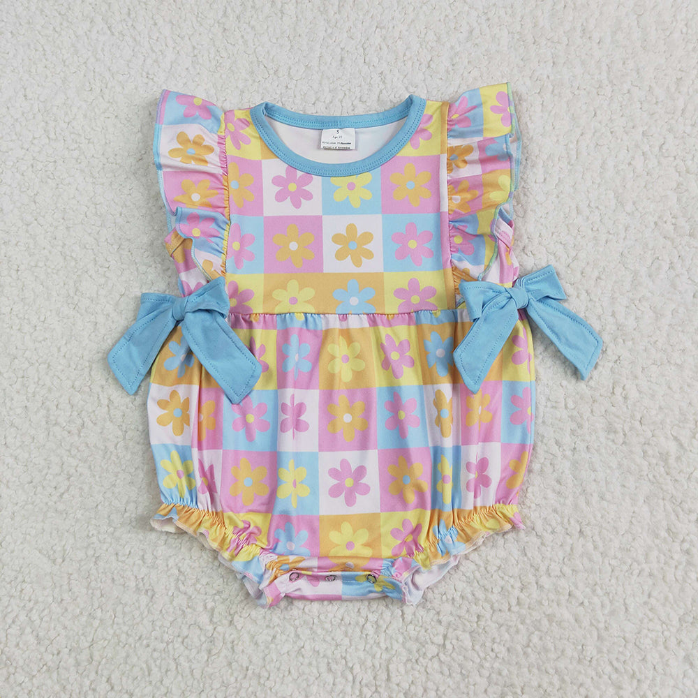 Sibling Baby Girls Blue Top Flowers Rompers Summer Outfits Sets