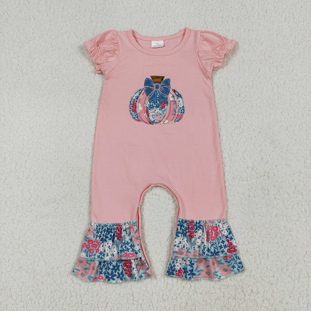 Sibling Embroidery Baby Girls Pink Floral Pumpkin Rompers Dresses Outfits