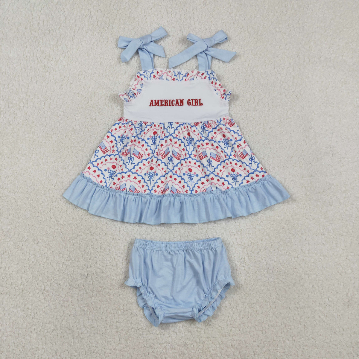 Sibling Baby Embroidery American Girls Bow Flags 4th of July Ruffle Bummies Set Knee Length Dress