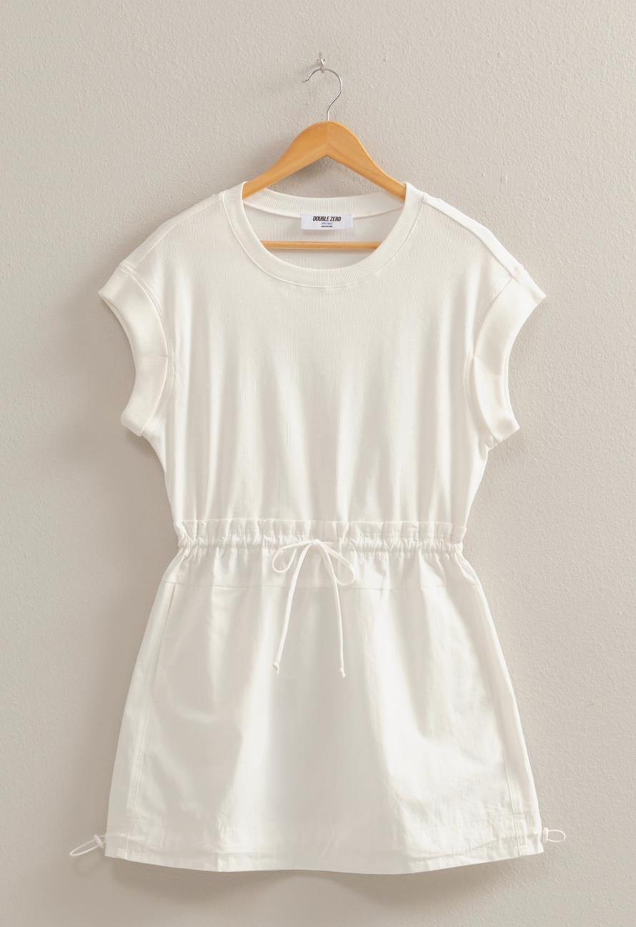 White Short-Sleeve Elastic-Waist Mini Dress