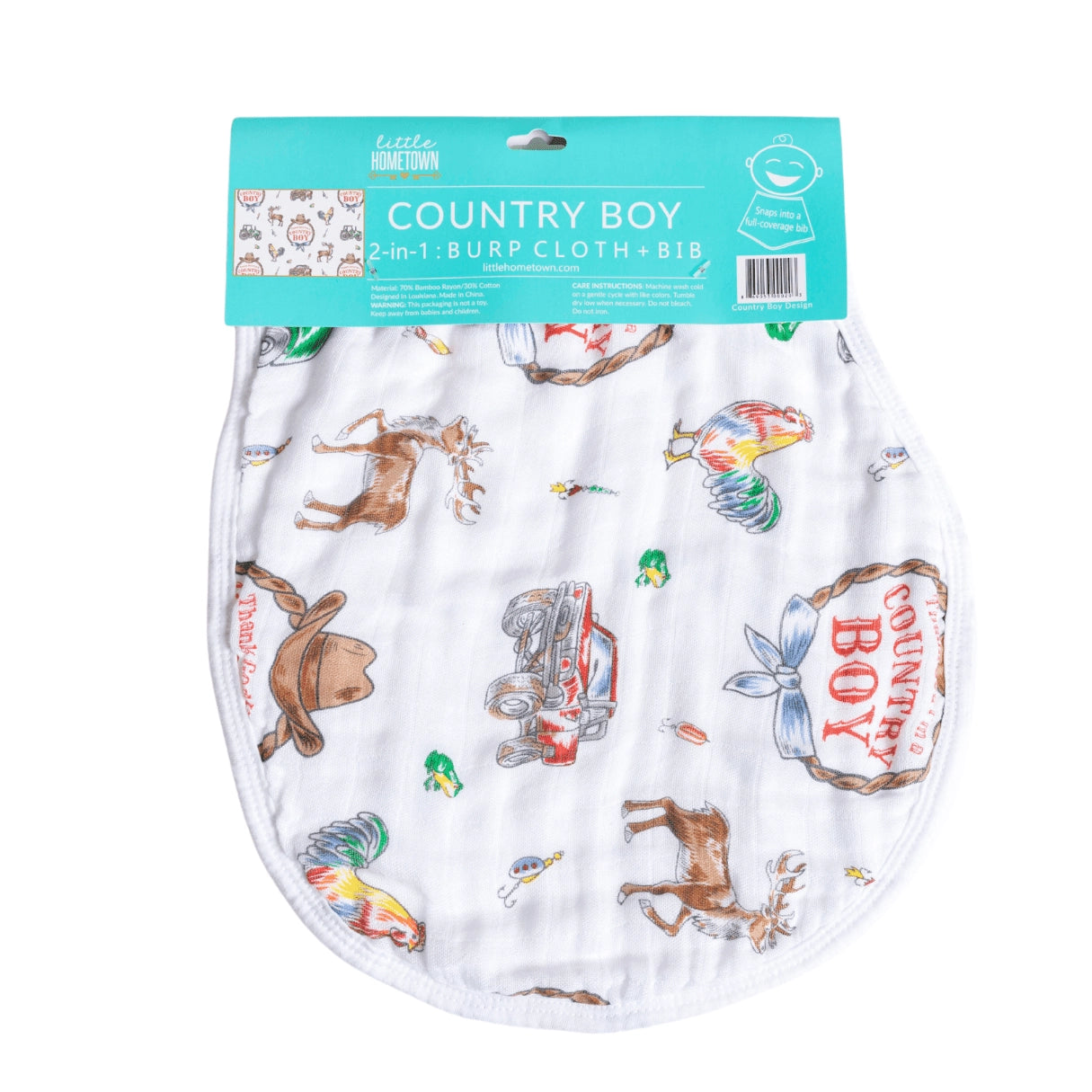 Little Hometown Country Boy 2-in-1 bamboo burp cloth and baby bib with deer, tractor, rooster, fishing lure, and cowboy hat print.
