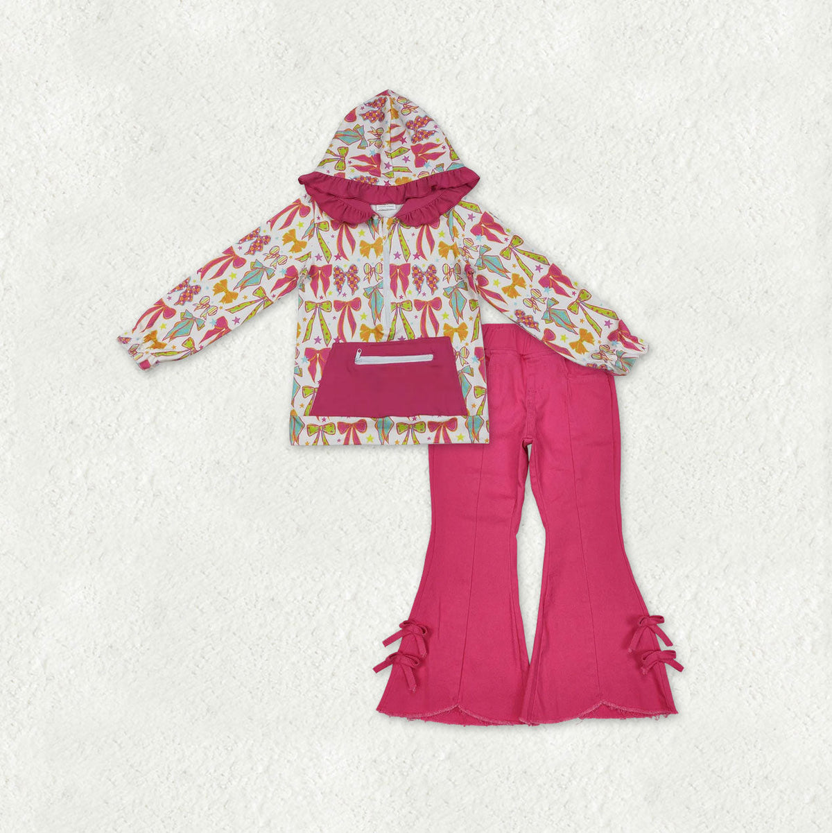 Baby Girls Colorful Bows Plaid Zip Pocket Hoodies Denim Bell Bottom Pants Clothes Sets