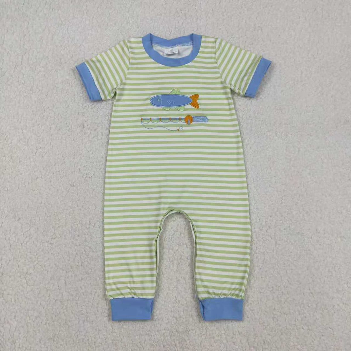 Sibling Baby Boys Embroidery Fishing Stripe Top Pockets Pant Hunting Clothes Sets Footie Romper