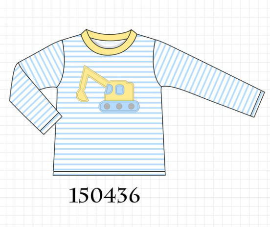 Blue Excavator Applique Stripe Top