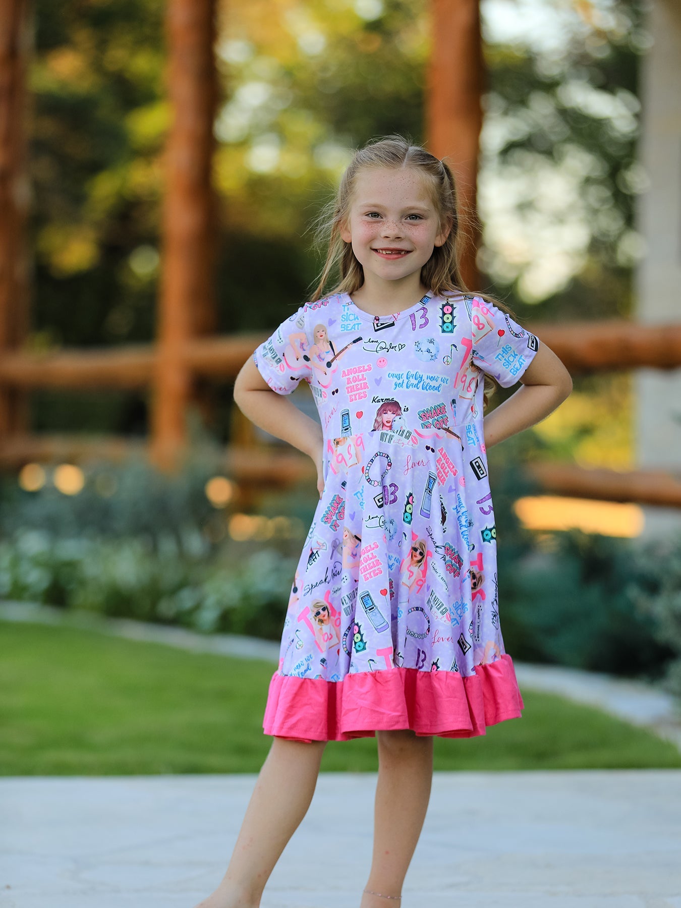 Purple TS Print Ruffle Girls' Short Sleeve  Dress