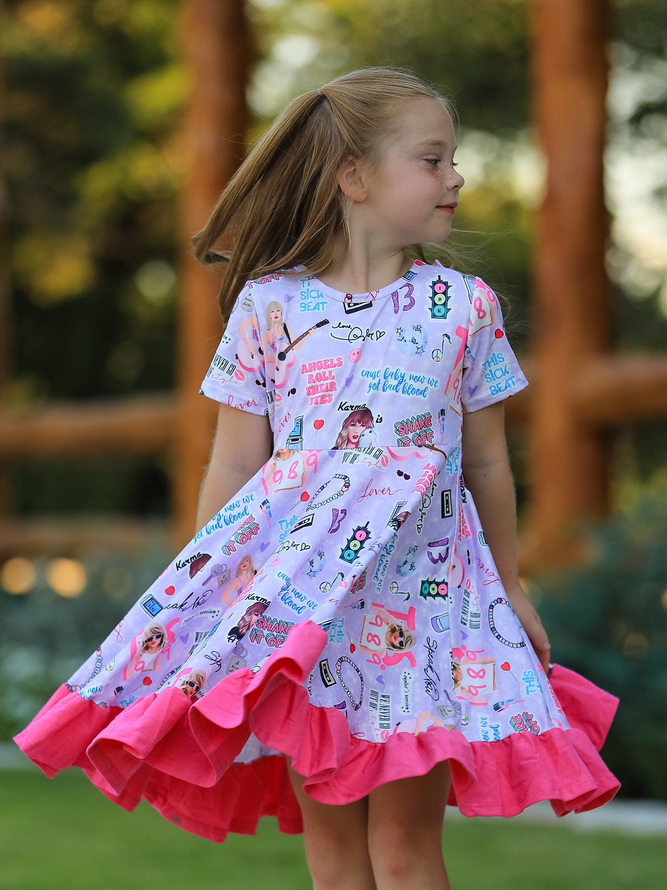 Purple TS Print Ruffle Girls' Short Sleeve  Dress