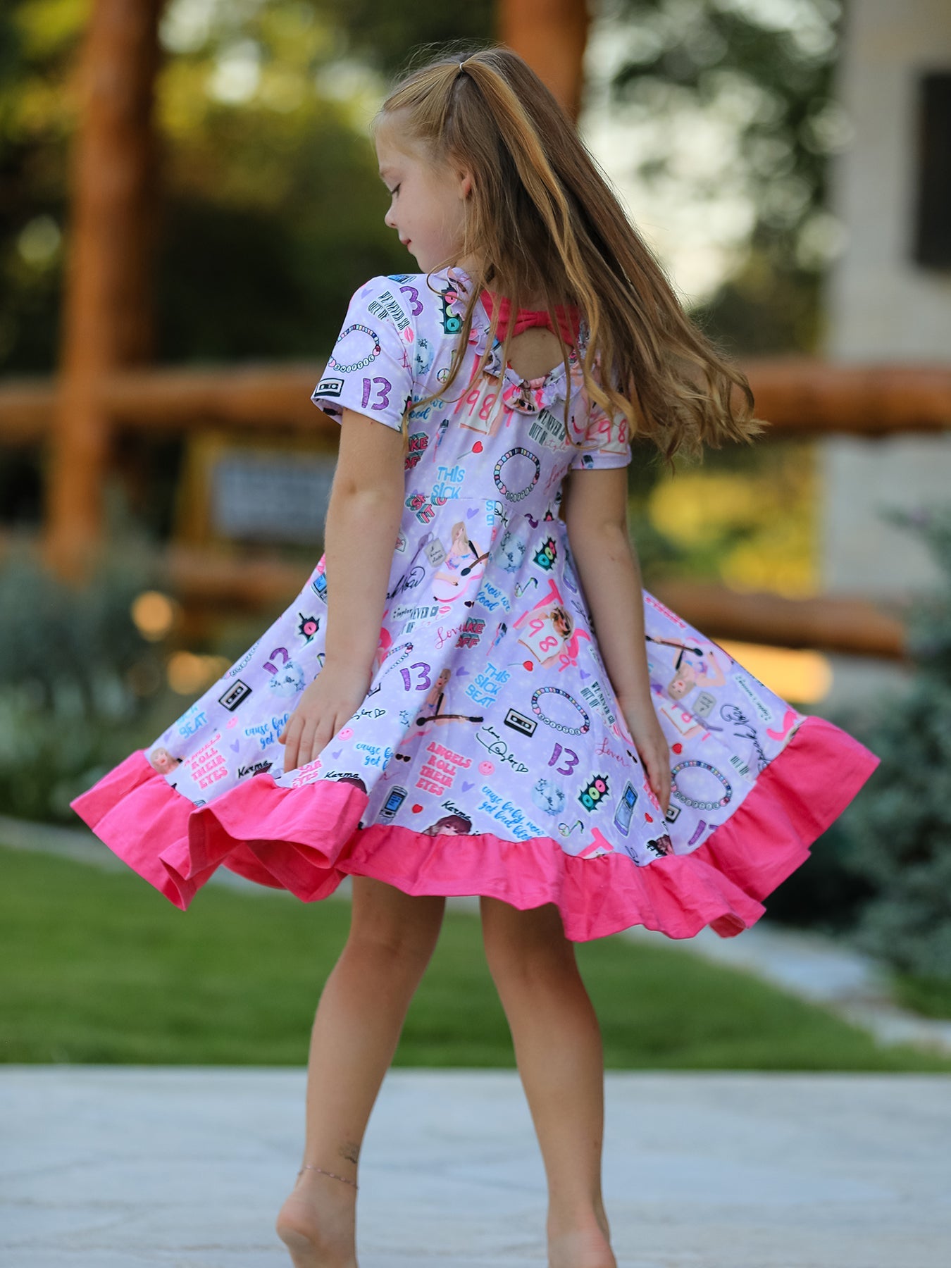 Purple TS Print Ruffle Girls' Short Sleeve  Dress