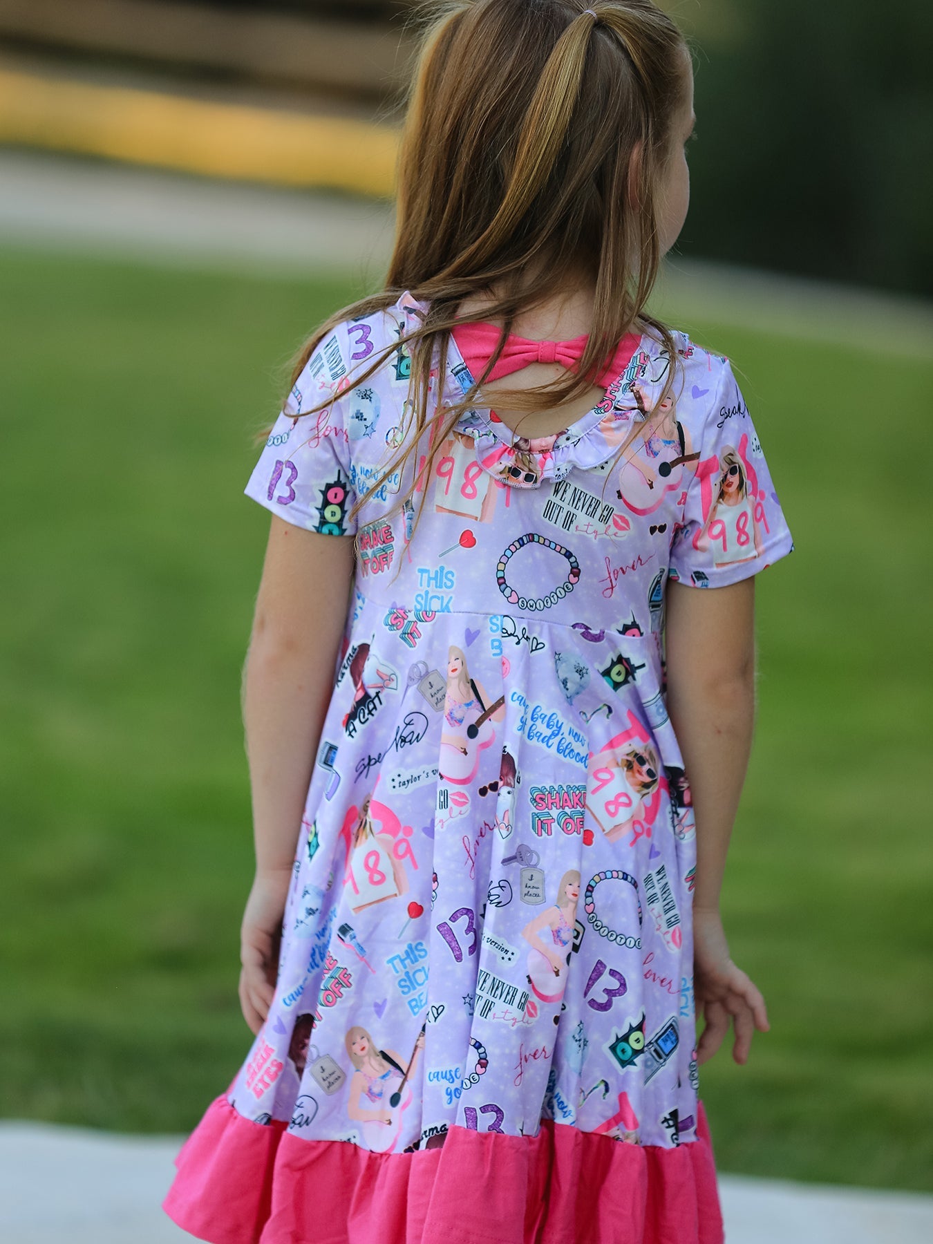 Purple TS Print Ruffle Girls' Short Sleeve  Dress