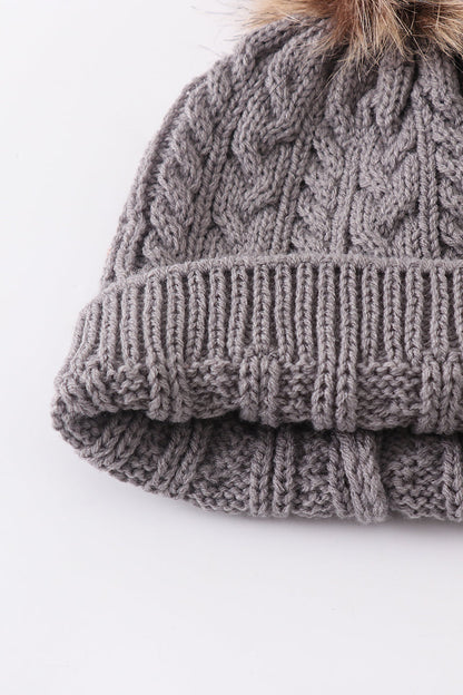 Grey cable knit pom pom beanie hat baby toddler adult