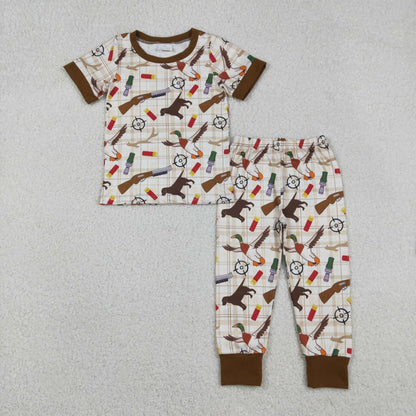 Sibling Baby Boys Dogs Ducks Checked Pants Hunting Pajamas Set Zipper Rompers