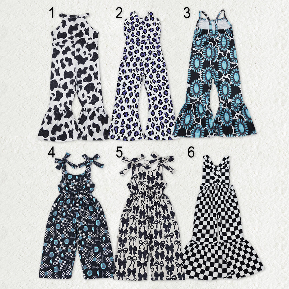 Sibling Baby Girls Strap Turquoise Cow Print Bows Bell Bottom Jumpsuits