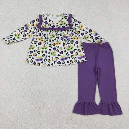 Sibling Baby Girls Mardigras Anchors Leopard Ruffle Pants Clothes Set Knee Length Dress