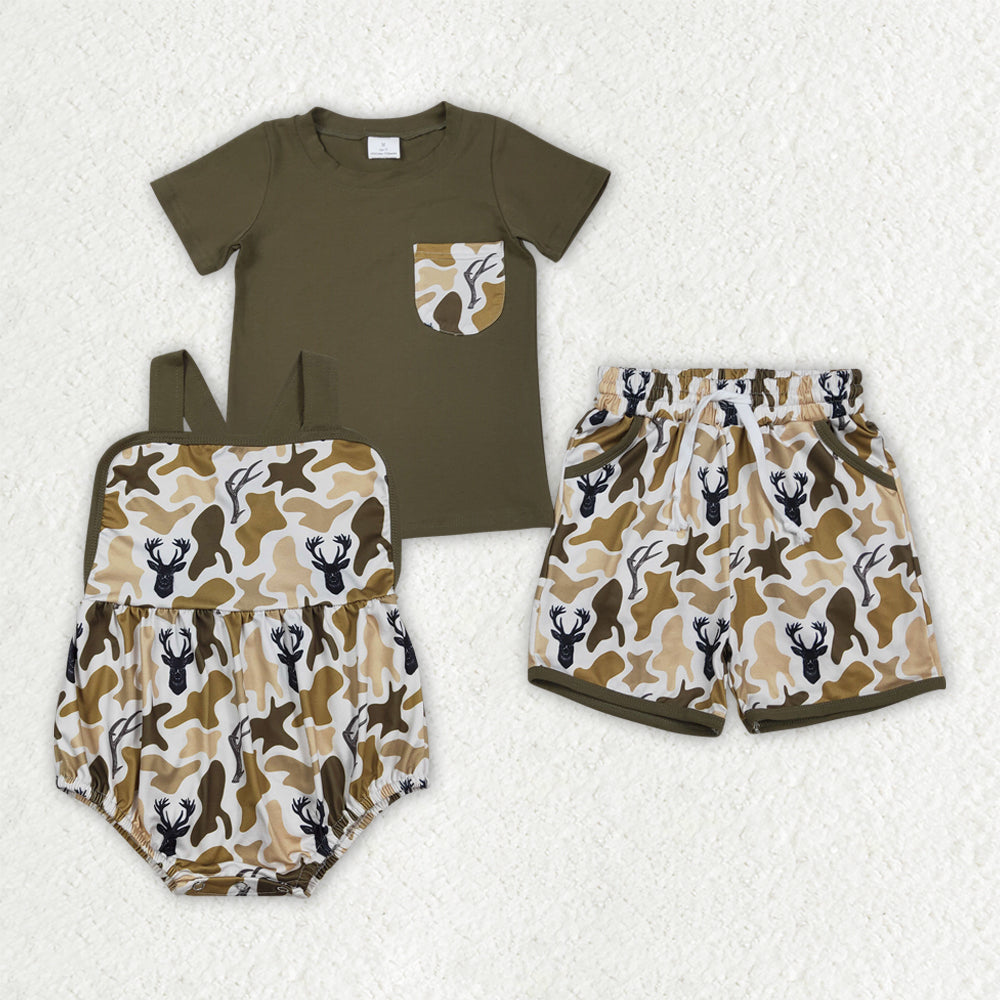 Sibling Baby Boys Shirt Top Deer Camo Pockets Short Hunting Clothes Set Strap Rompers