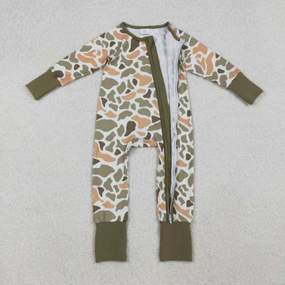 Sibling Baby Boys Green Khaki Camo Pants Southern Pajamas Sets Zipper Rompers