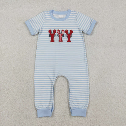 Sibling Baby Boys Embroidery Crayfishes Stripe Pockets Pants Clothes Set Footie Rompers