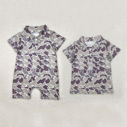 Sibling Baby Boys Short Sleeves Lavender Gray Camo Button Polo Shirts Top Rompers