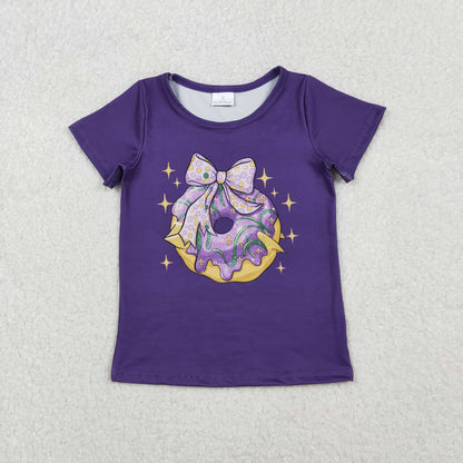Sibling Baby Girls Purple Short Sleeve Bow Donuts Boots Tassel Mardigras T-shirts Tops