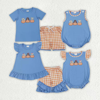 Sibling Baby Boys Girls Embroidery Pumpkins Dogs Shorts Clothes Sets Rompers