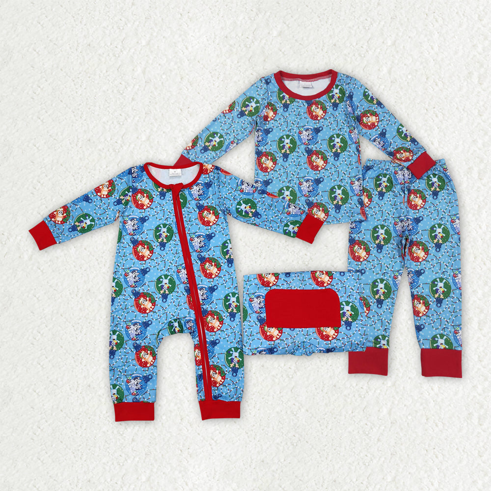 Sibling Baby Boys Christmas Dogs Top Pants Pajamas Clothes Sets Zipper Footie Romper