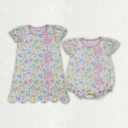 Sibling Baby Girls Short Ruffle Sleeve Colorful Bows Scallop Knee Length Dress Rompers
