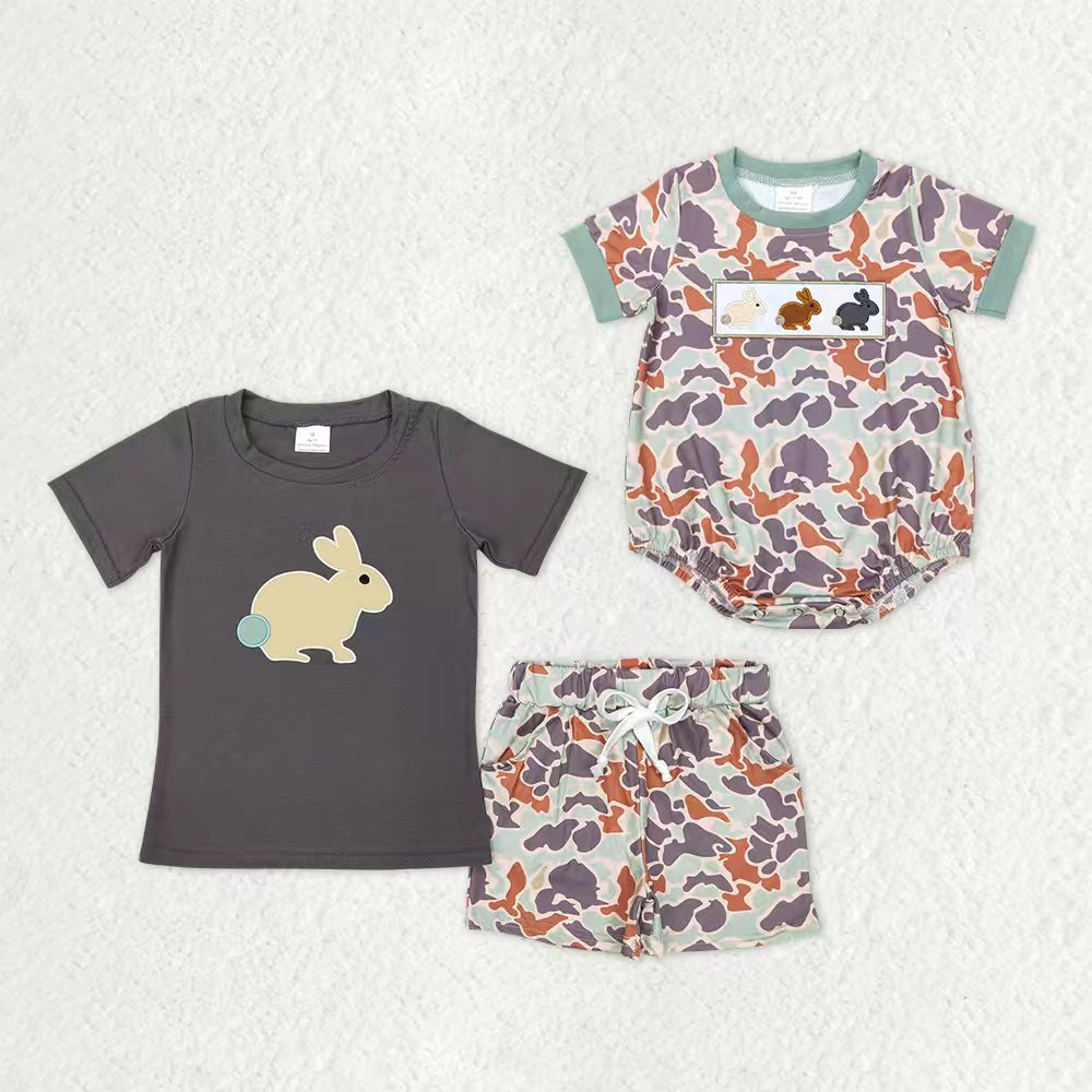 Sibling Baby Boys Embroidery Rabbits Camo Pockets Shorts Easter Clothes Sets Rompers