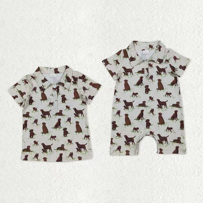 Sibling Baby Short Sleeve Button Boys Dogs Hunting Polo Shirt Top Short Romper