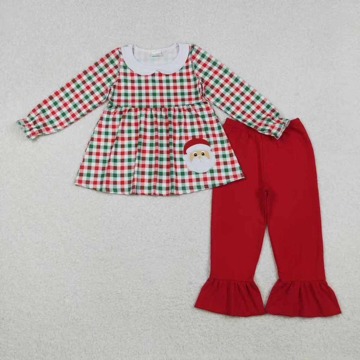 Sibling Baby Girls Red Green Checked Embroidery Santa Tunic Ruffle Pants Christmas Set Rompers
