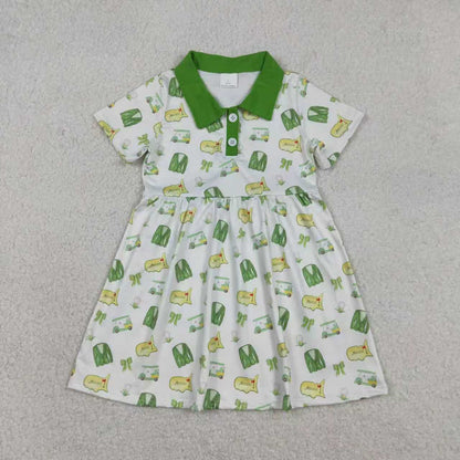 Sibling Baby Boys Girls Green Golf Bows Button Shirt Short Clothes Set Knee Length Dresses