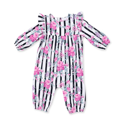 Cabbage Rose Stripe - Ruffle Sleeve Snap Romper