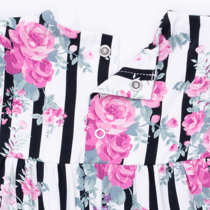 Cabbage Rose Stripe - Ruffle Sleeve Snap Romper