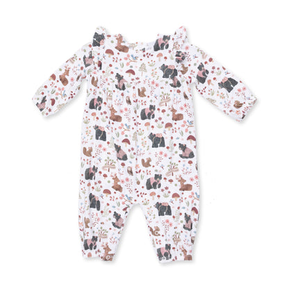 Southern Woodland Animals Pink - Ruffle Sleeve Snap Romper