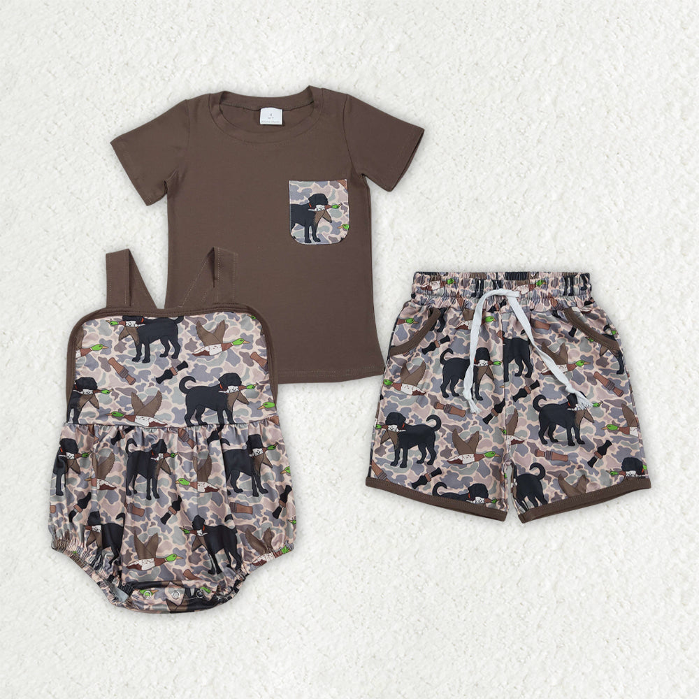 Sibling Baby Boys Brown Top Dog Ducks Camo Pockets Short Hunting Clothes Set Rompers