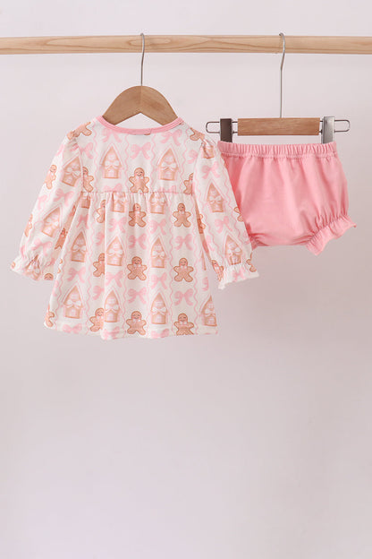 Pink gingerbread embroidery ruffle bloomer set
