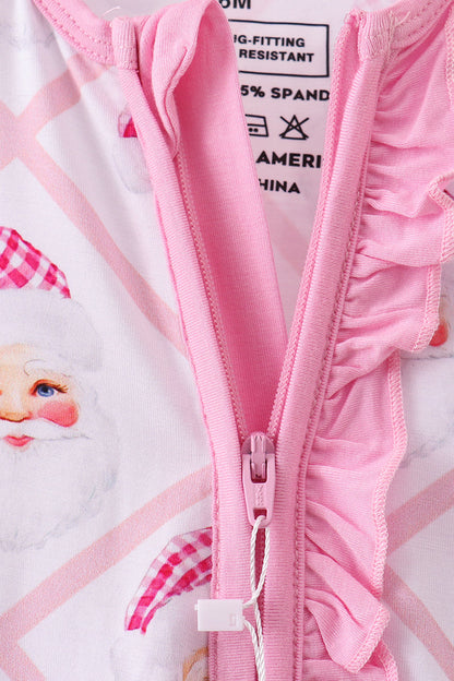 Pink santa claus bamboo ruffle zipper romper