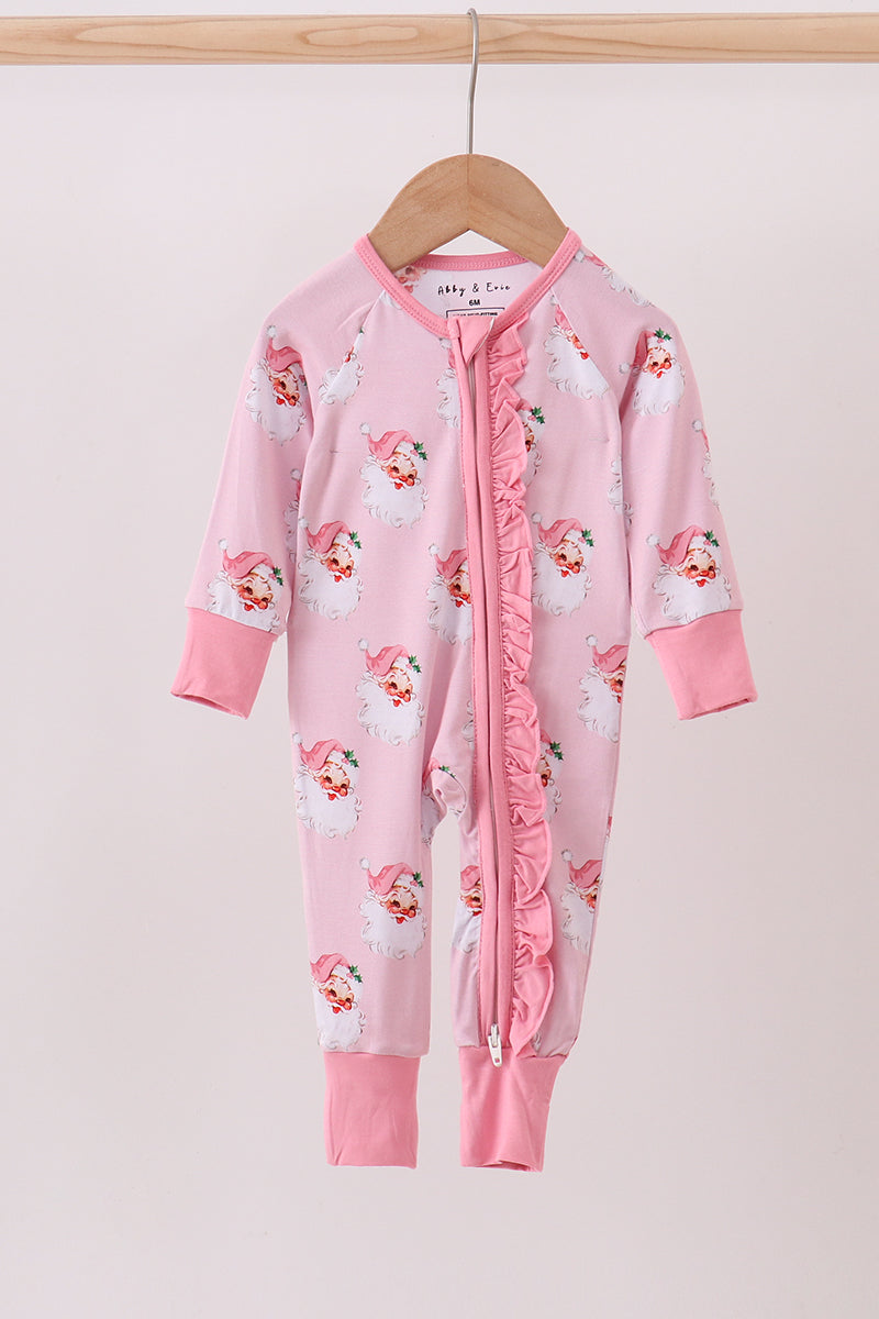Pink santa claus bamboo ruffle zipper romper