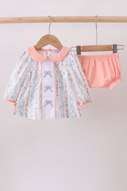 Pink floral bow embroidery bloomer set