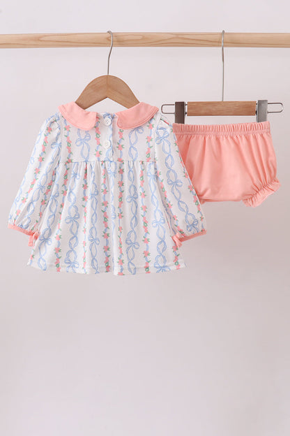 Pink floral bow embroidery bloomer set