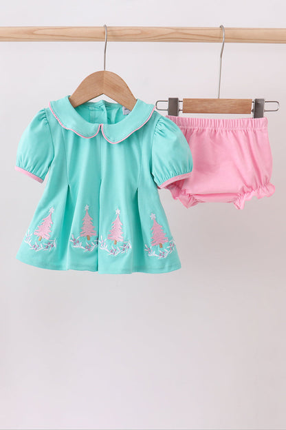 Green christmas tree embroidery bloomer  set