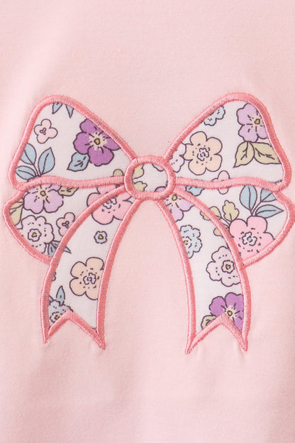 Pink floral bow applique ruffle bubble