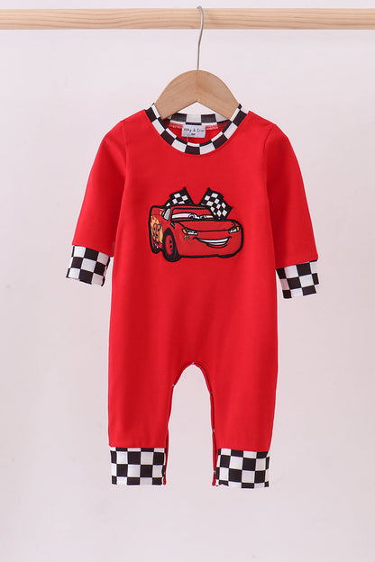 Red character applique checkered romper