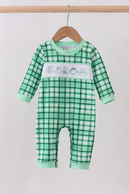 Green parade embroidery gingham romper