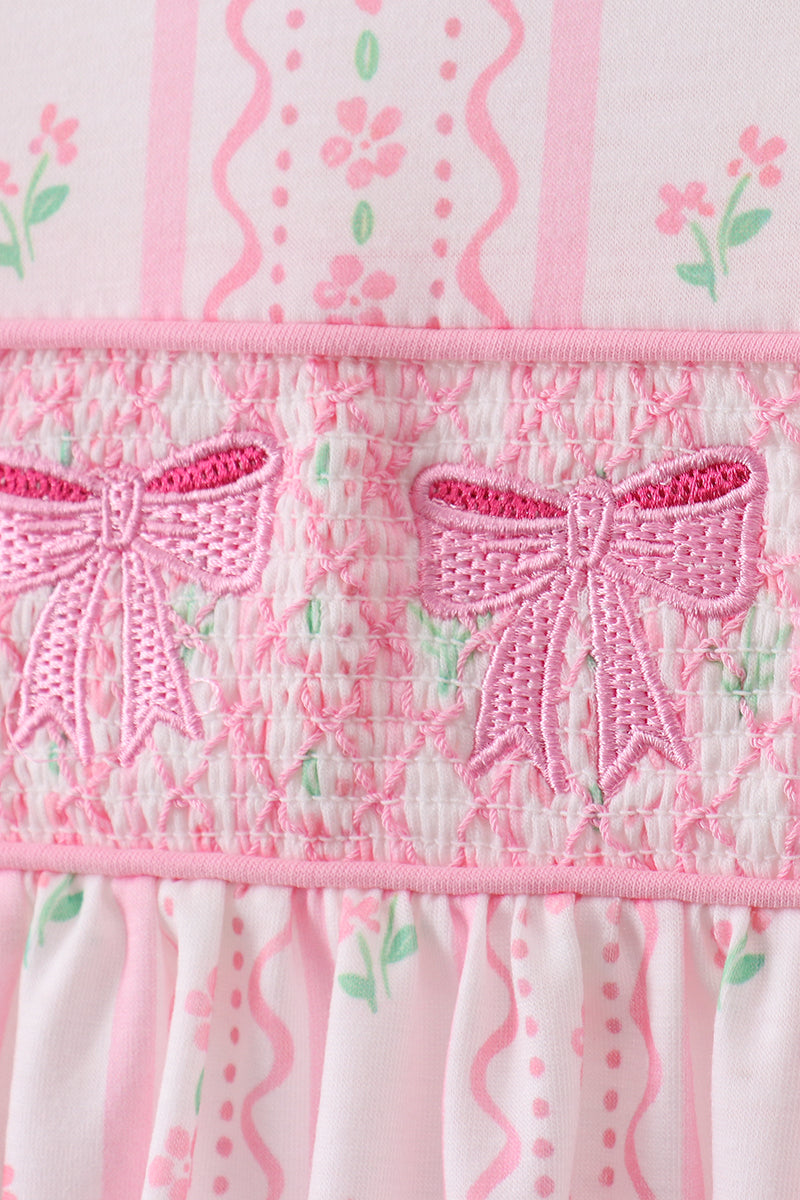 Pink floral bow smocked ruffle pants set