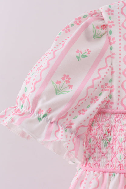 Pink floral bow smocked ruffle pants set