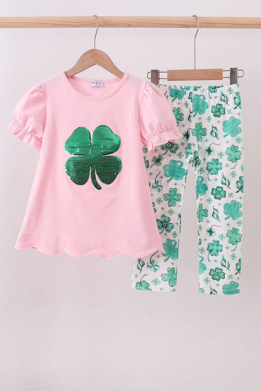 Pink clover glitter pants set
