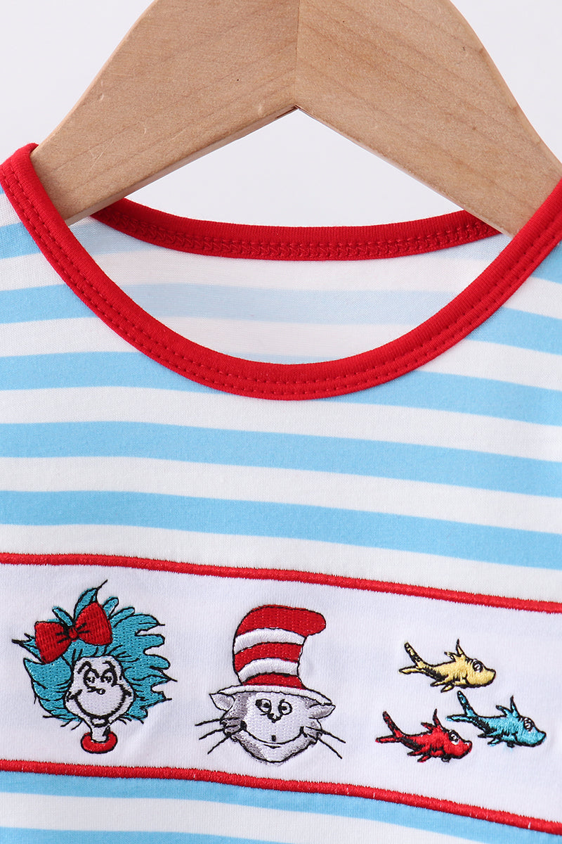 Blue character embroidery stripe ruffle romper
