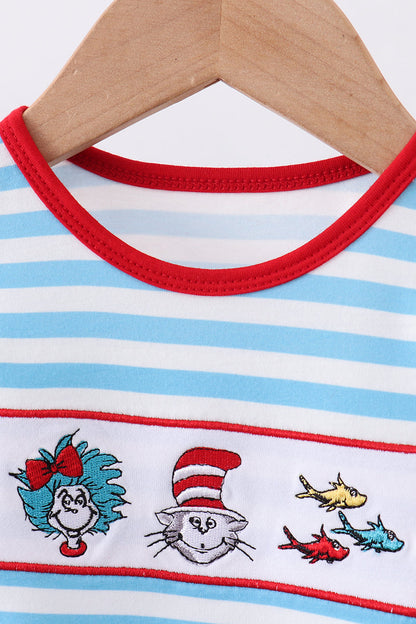 Blue character embroidery stripe ruffle romper