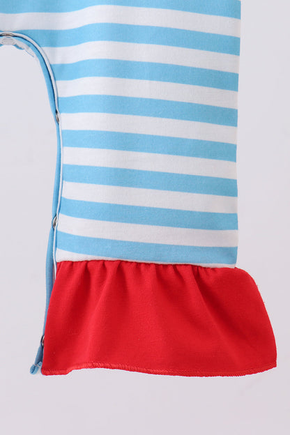 Blue character embroidery stripe ruffle romper