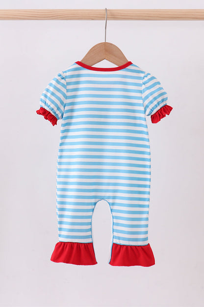 Blue character embroidery stripe ruffle romper