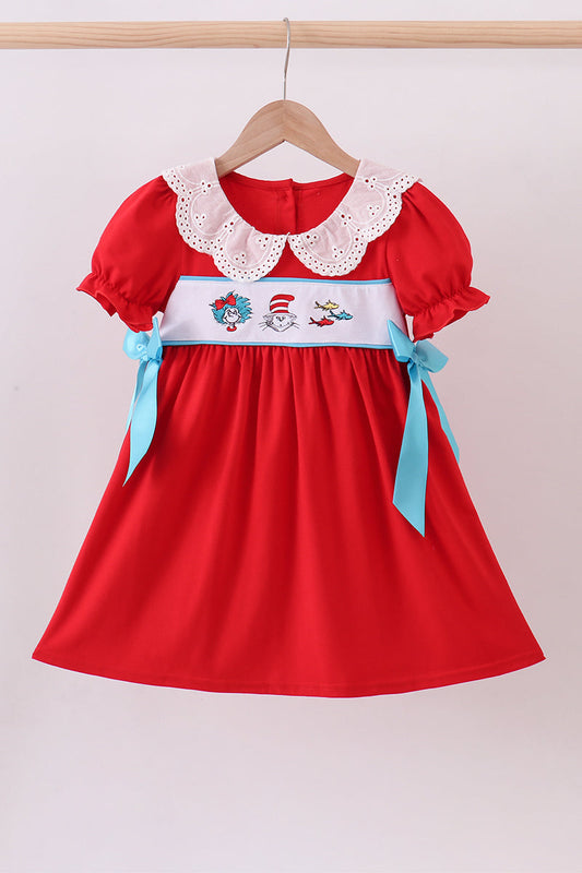 Red character embroidery bow dress